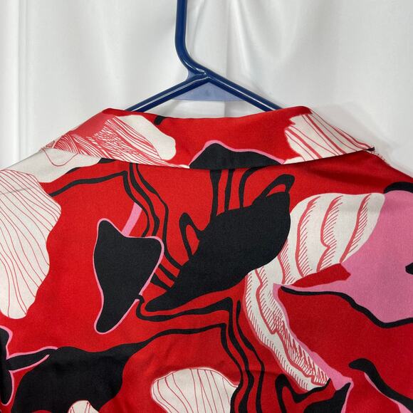Red floral blouse women's size large pink red and cream satin work wear - Picture 6 of 14